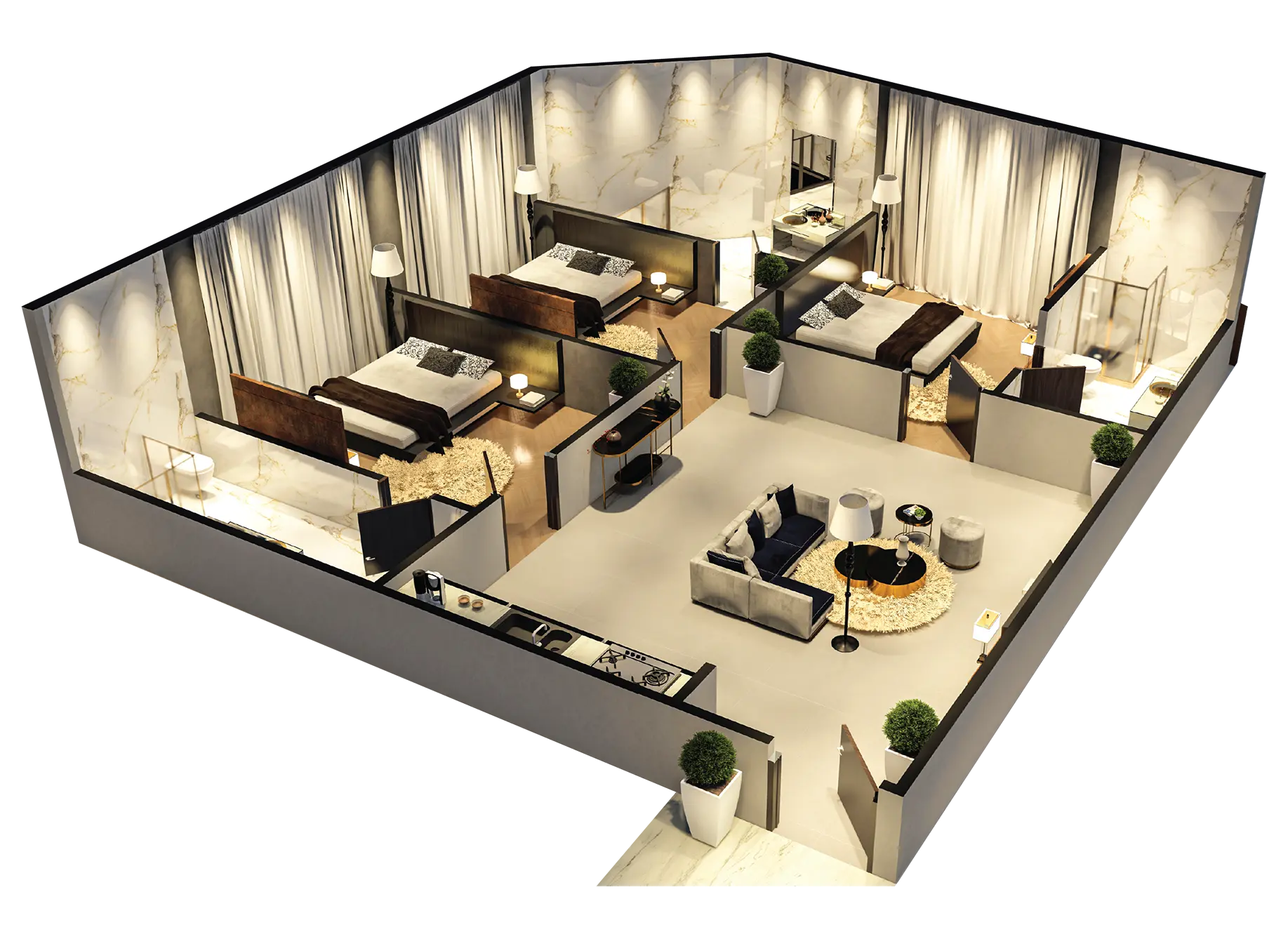 3 bed Apartment 3d layout